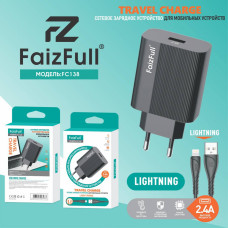 Сетевое зарядное устройство с выходом USB, 2.4А, черный, FC138, с кабелем USB-Lightning FAIZFUL