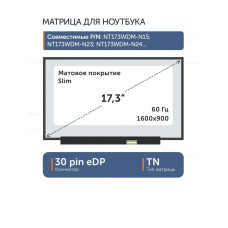 Матрица 17,3" B173RTN03.2 H/W:1, 30pin eDP, Slim, 1600x900, TN, матовая, без креплений