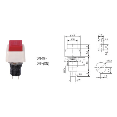 Кнопка RWD-203B OFF-(ON) красная, без фиксации, белый корпус d=10.2mm 1A/250VAC 2pin