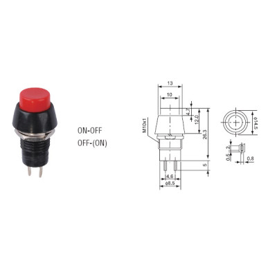 Кнопка RWD-206 ON-OFF красная, с фиксацией d=10.2mm 1A/250VAC 2pin
